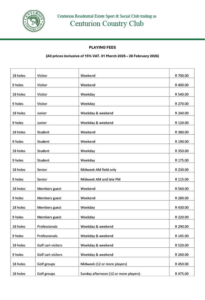 Centurion-Country-Club-Golf-Course-Playing-Fees-2024-2025